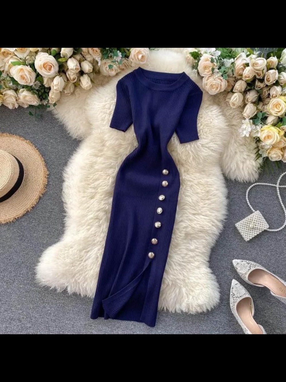 Elegant Navy Ribbed Button-Accent Midi Dress - Women